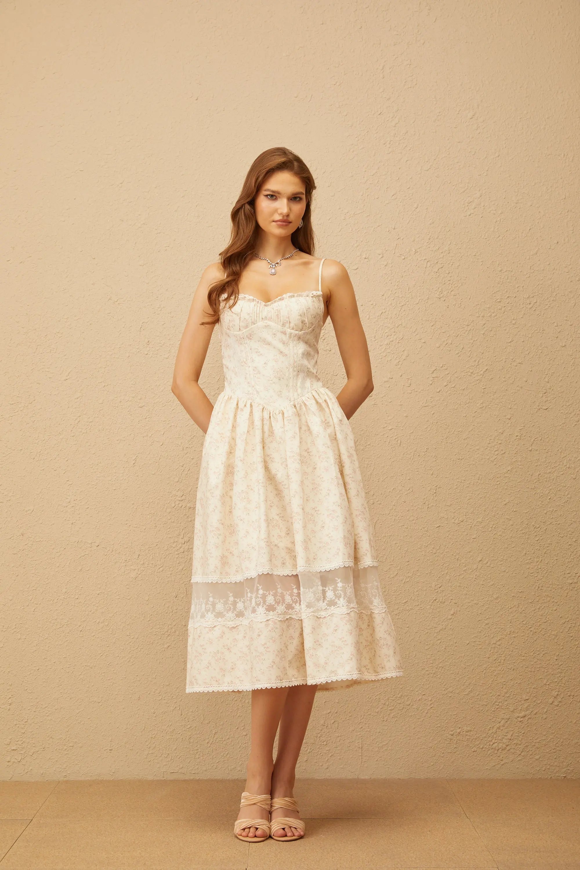 Neutral Lace Trim Floral Midi Dress in White