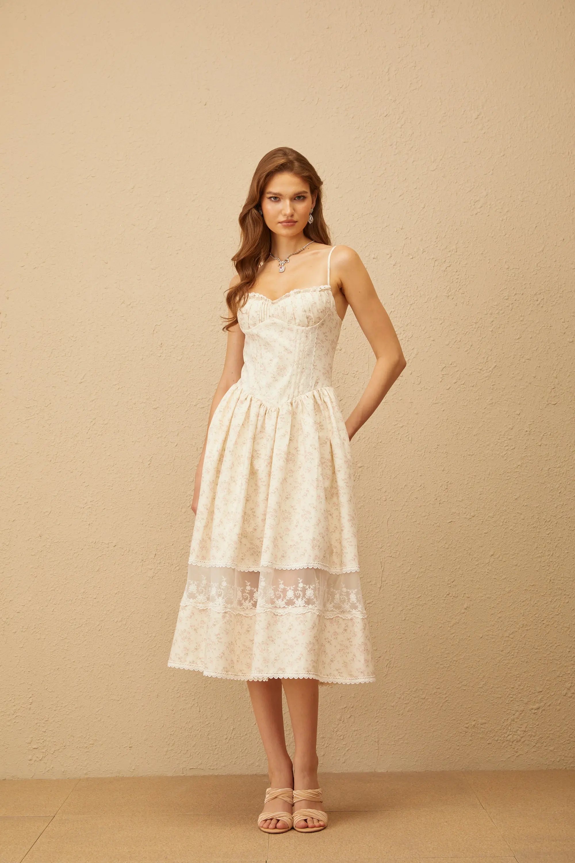 Neutral Lace Trim Floral Midi Dress in White