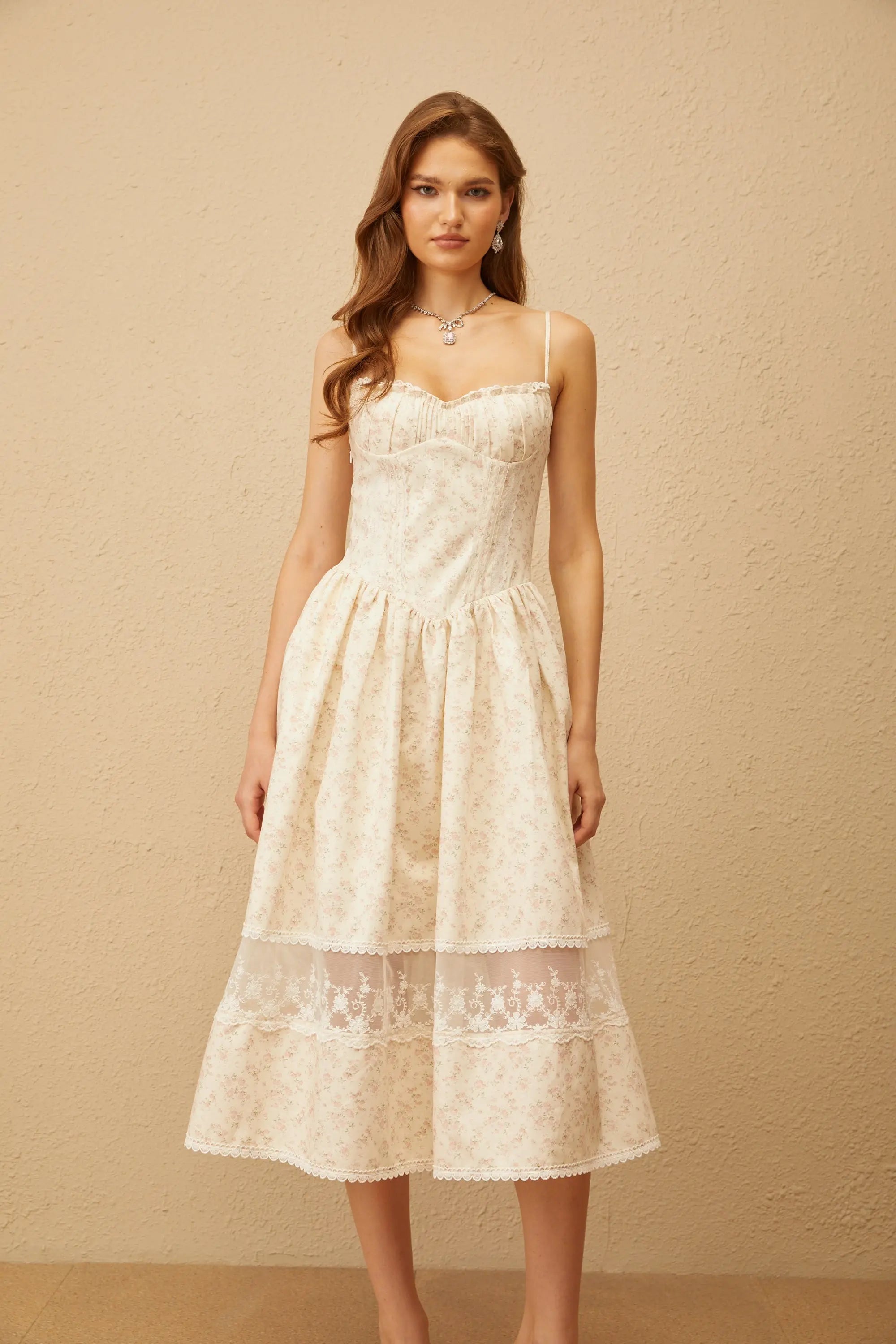 Neutral Lace Trim Floral Midi Dress in White