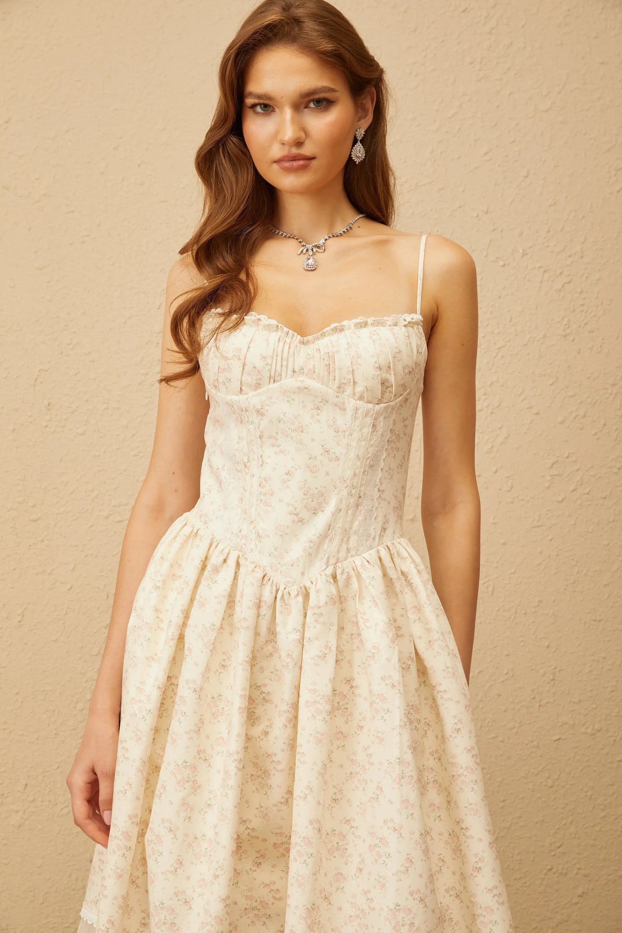 Neutral Lace Trim Floral Midi Dress in White