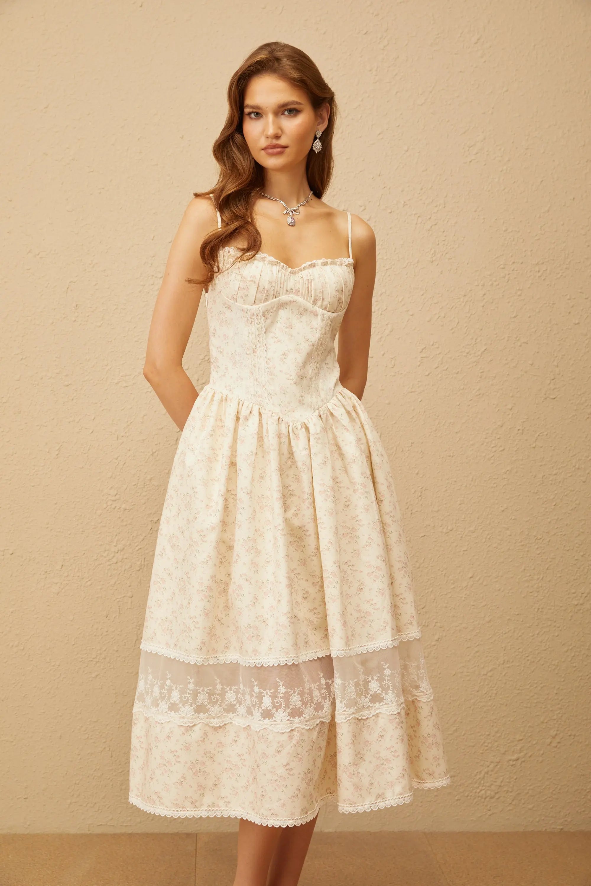 Neutral Lace Trim Floral Midi Dress in White