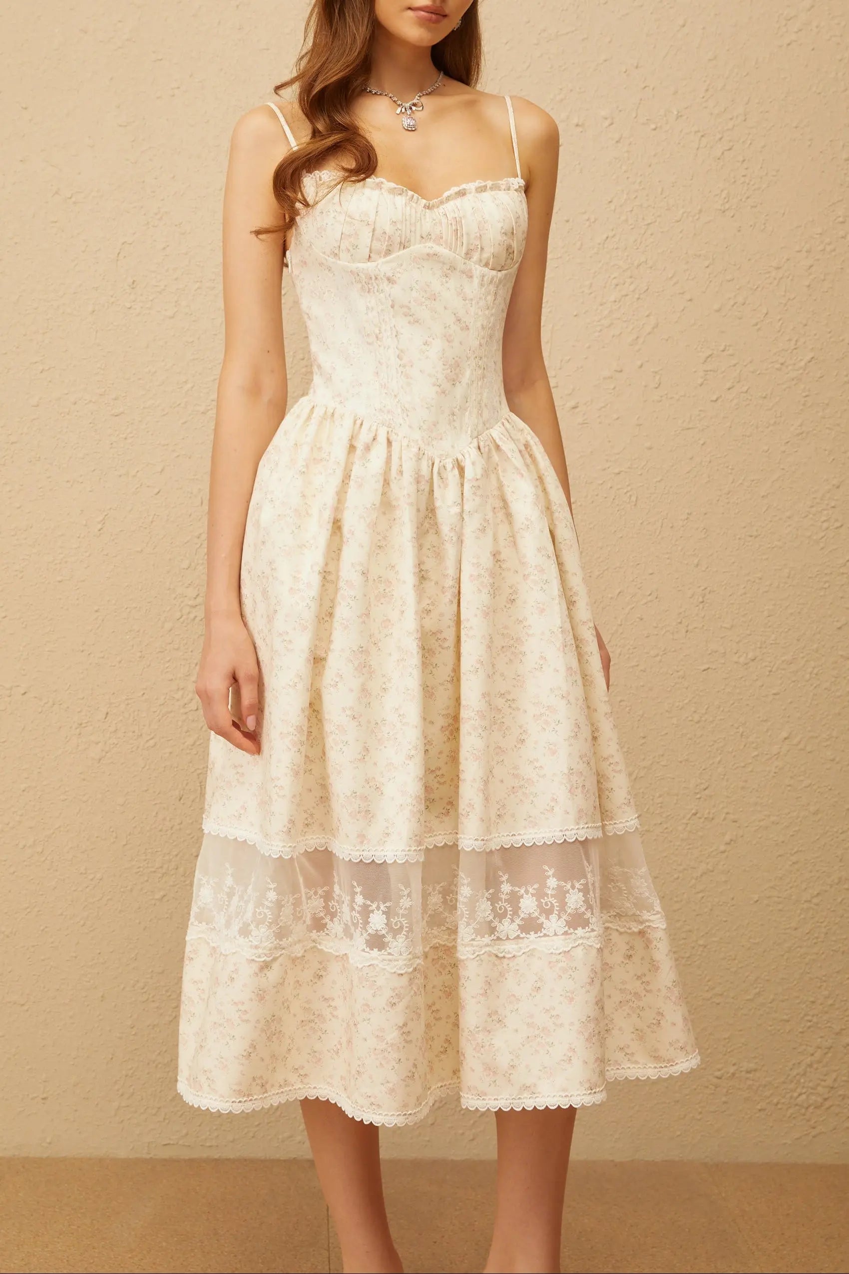 Neutral Lace Trim Floral Midi Dress in White