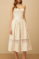 Neutral Lace Trim Floral Midi Dress in White