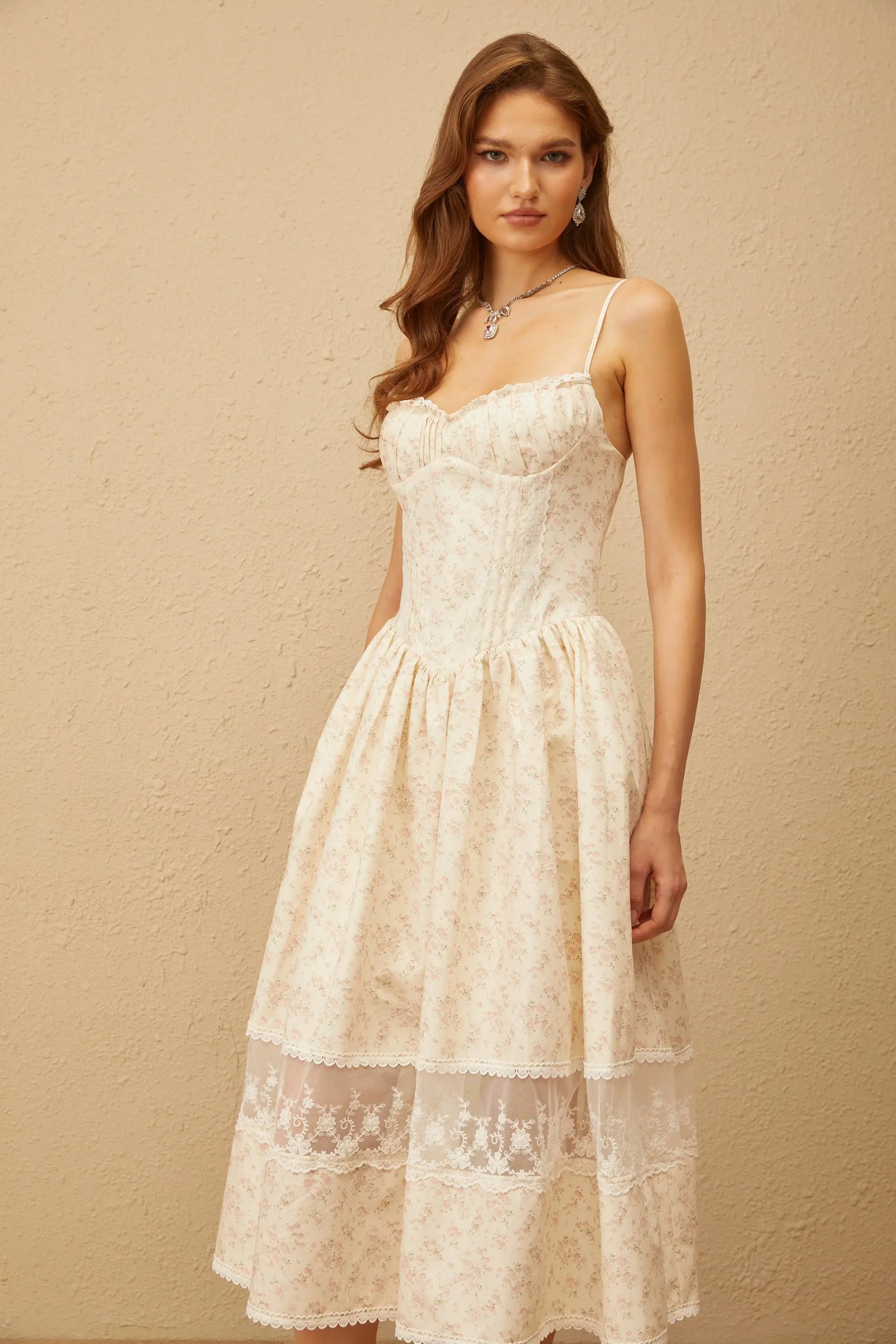 Neutral Lace Trim Floral Midi Dress in White