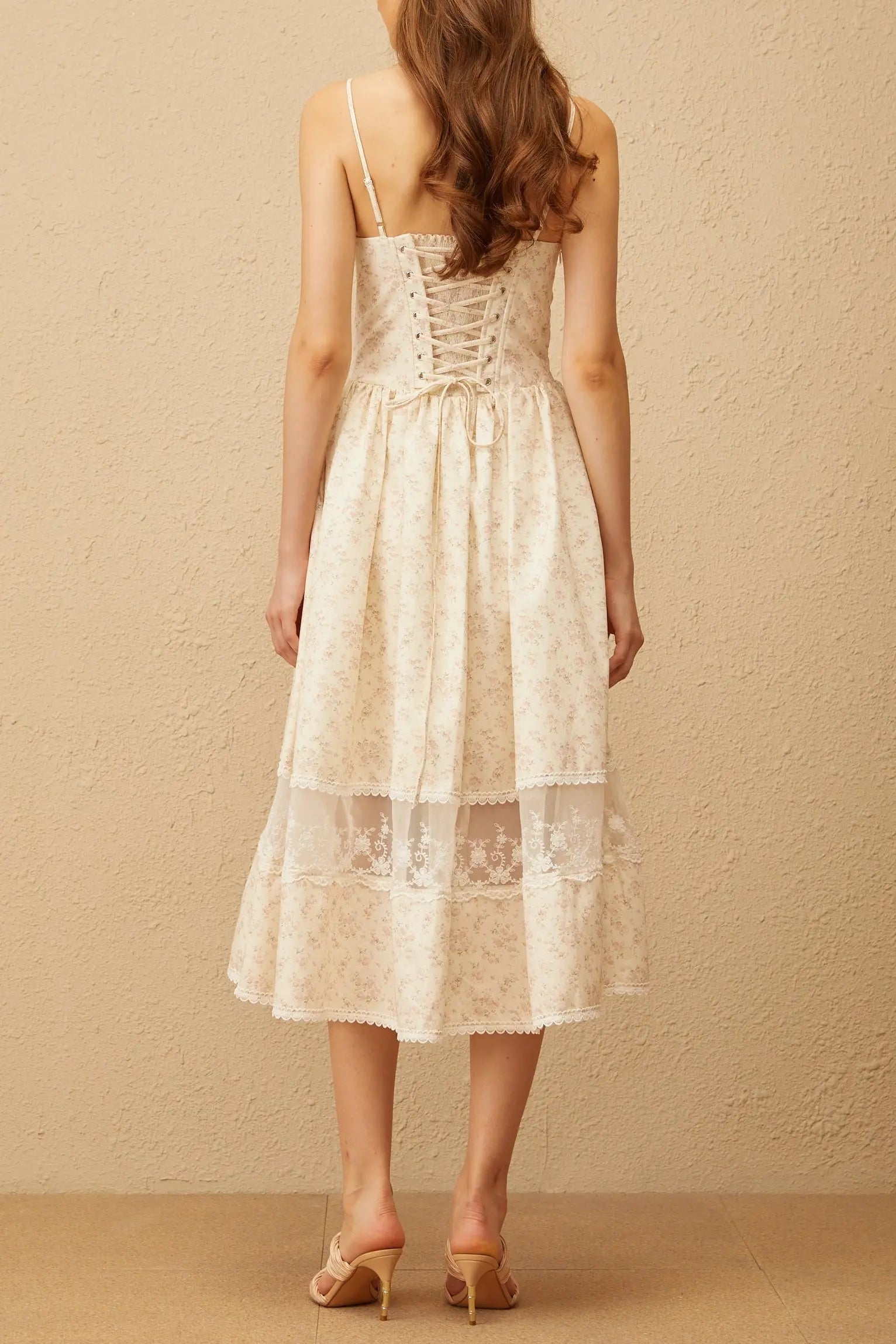 Neutral Lace Trim Floral Midi Dress in White