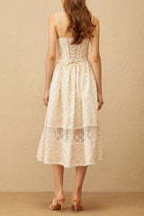 Neutral Lace Trim Floral Midi Dress in White