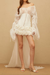 Off Shoulder Sheer Sleeve Corset Ruffle High Low Mini Dress