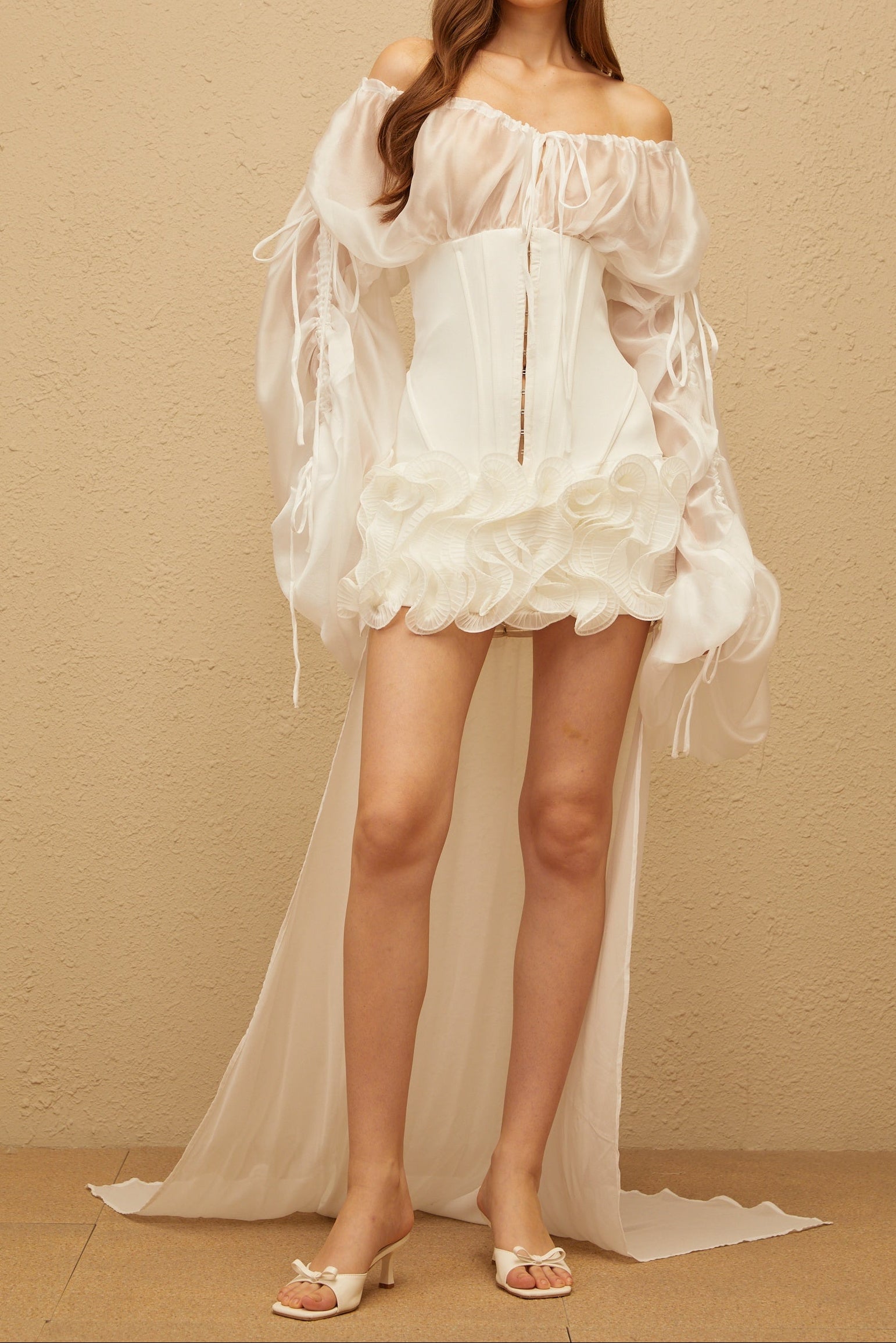 Off Shoulder Sheer Sleeve Corset Ruffle High Low Mini Dress