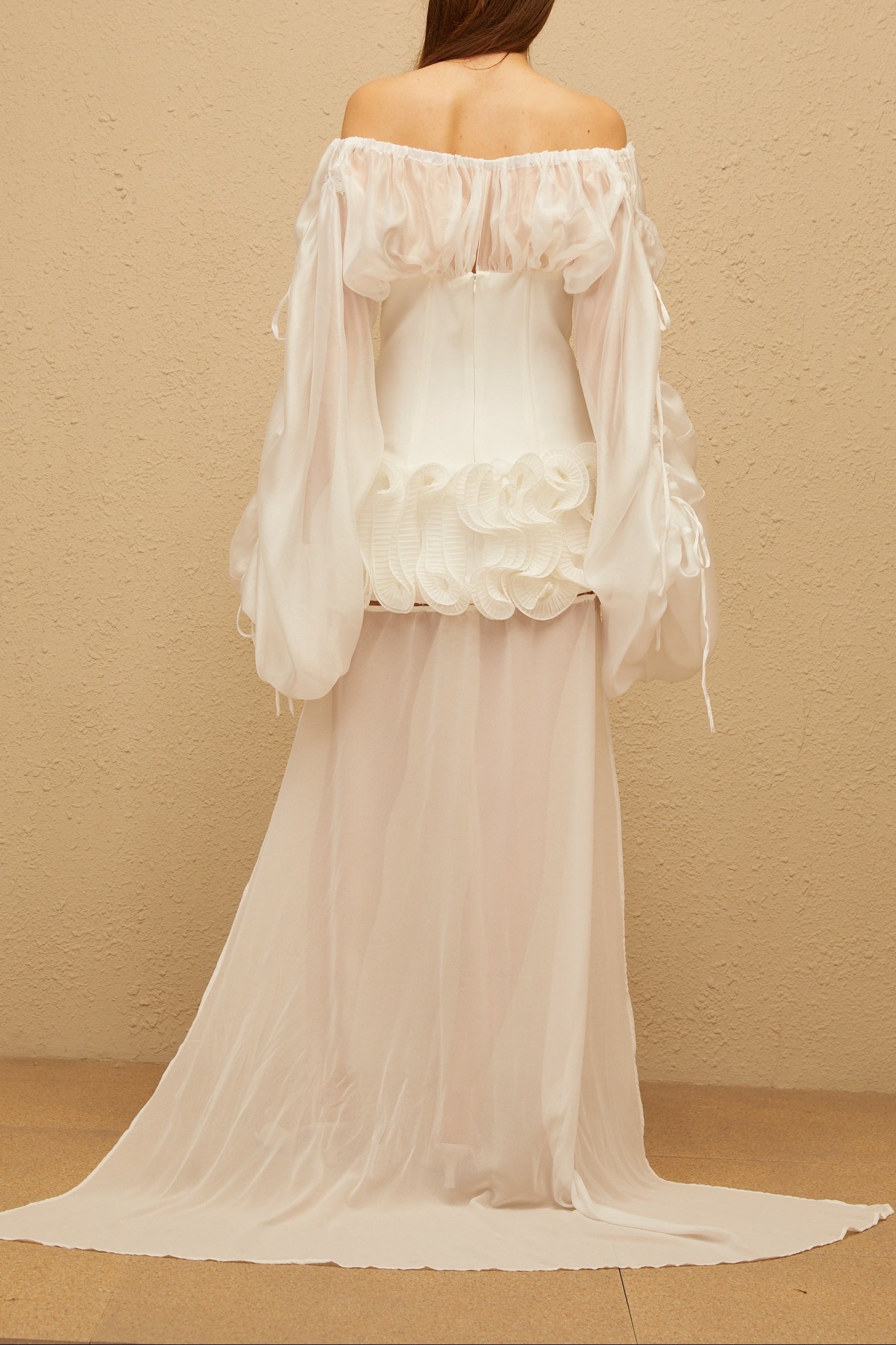 Off Shoulder Sheer Sleeve Corset Ruffle High Low Mini Dress