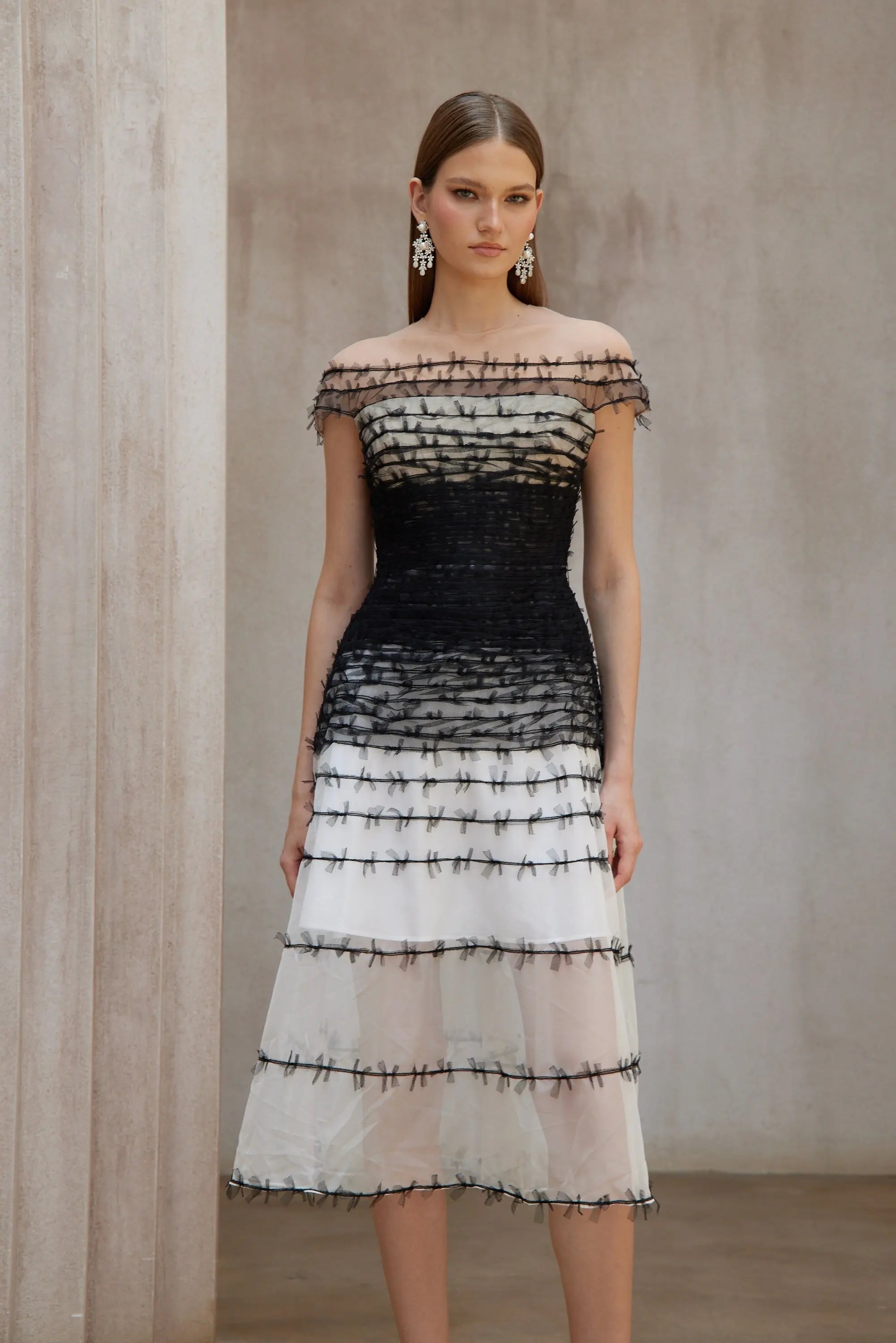 Off-Shoulder Lace Embroidery Hollow Maxi Dress in Black