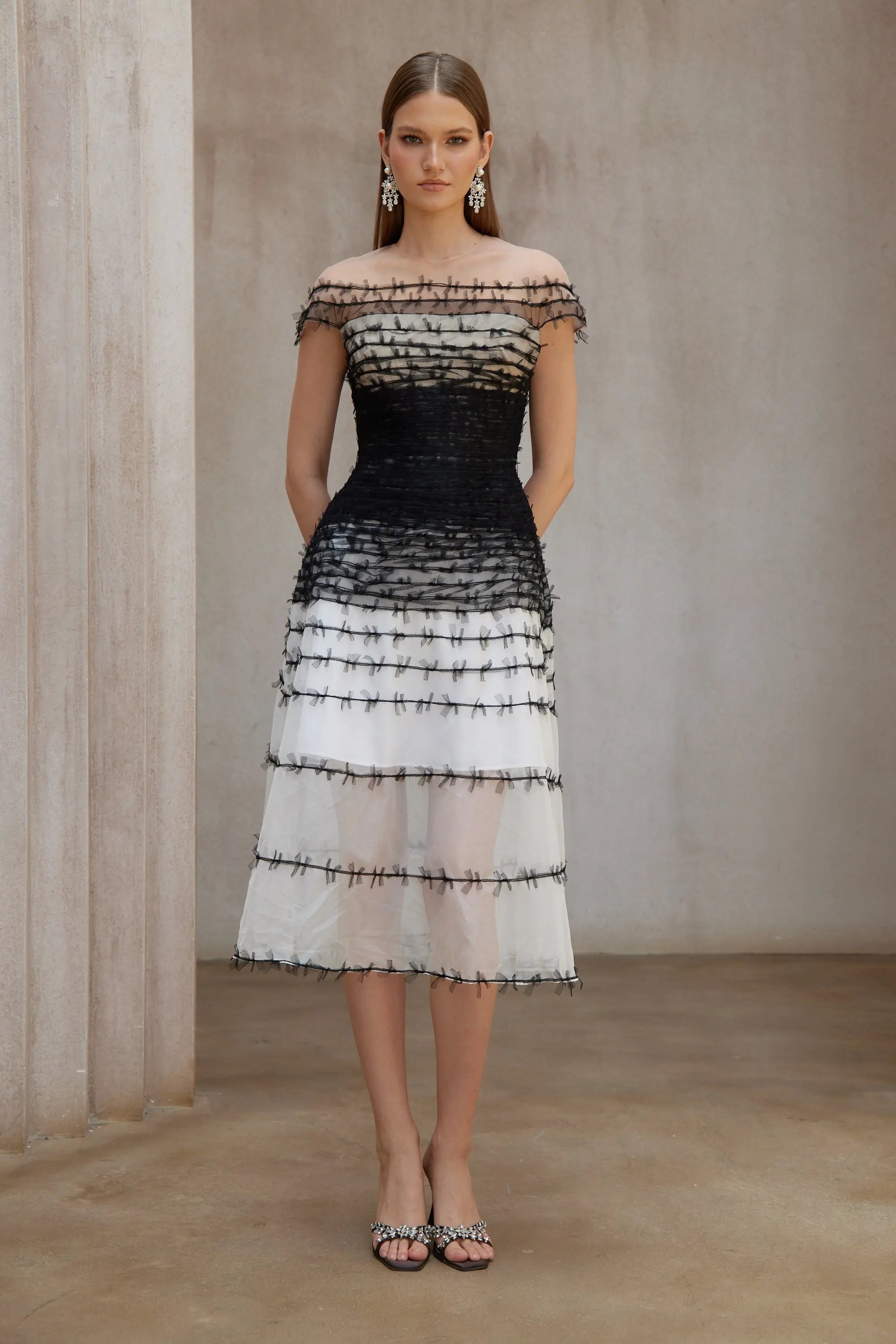 Off-Shoulder Lace Embroidery Hollow Maxi Dress in Black