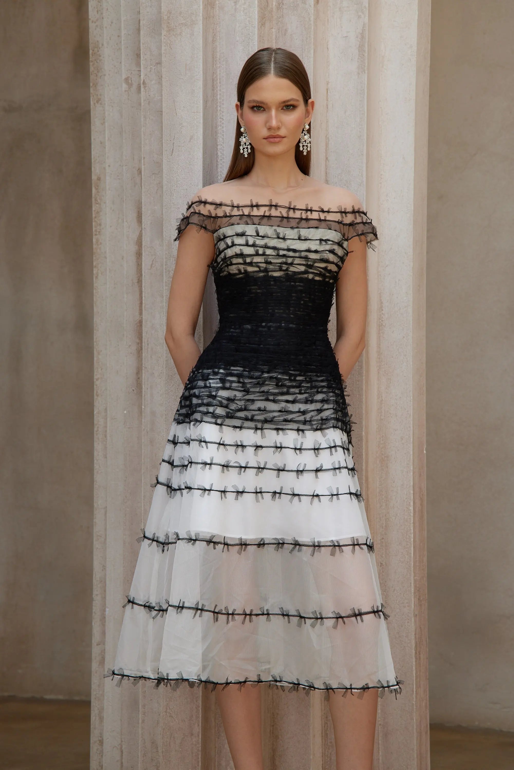 Off-Shoulder Lace Embroidery Hollow Maxi Dress in Black