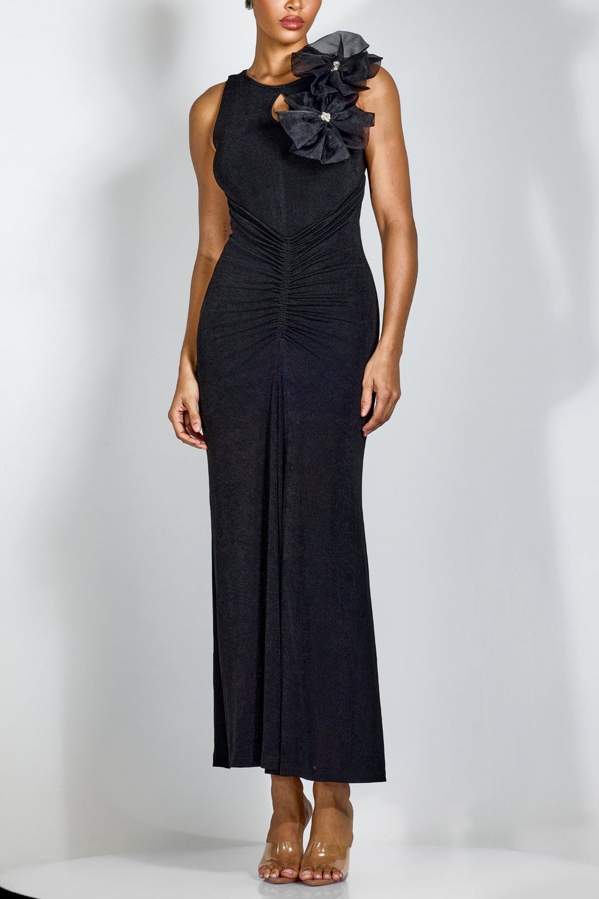 Flower Bodycon Maxi Dress in Black