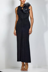 Flower Bodycon Maxi Dress in Black