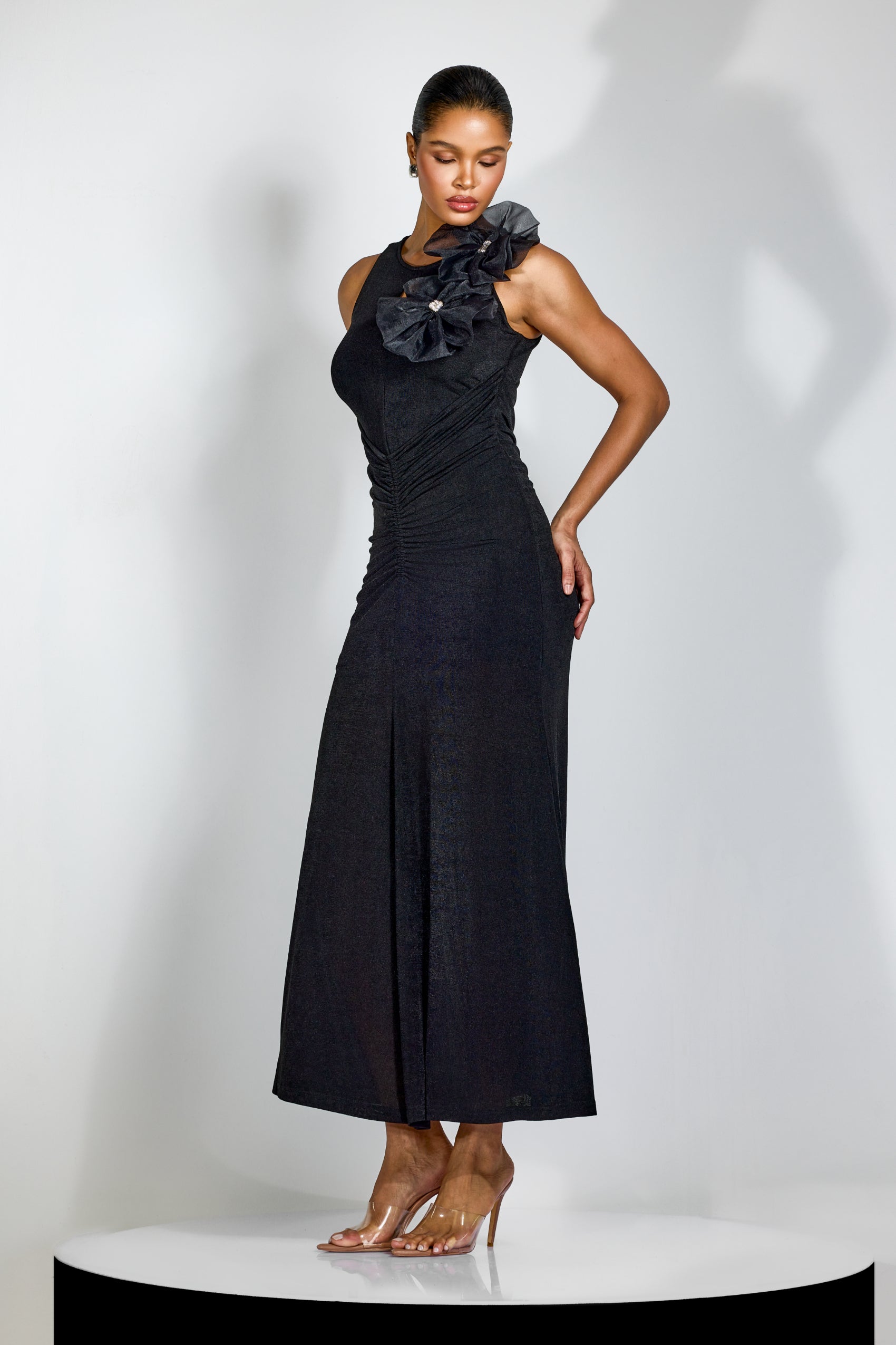 Flower Bodycon Maxi Dress in Black