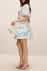 Floral Print Puff Sleeve White Mini Dress