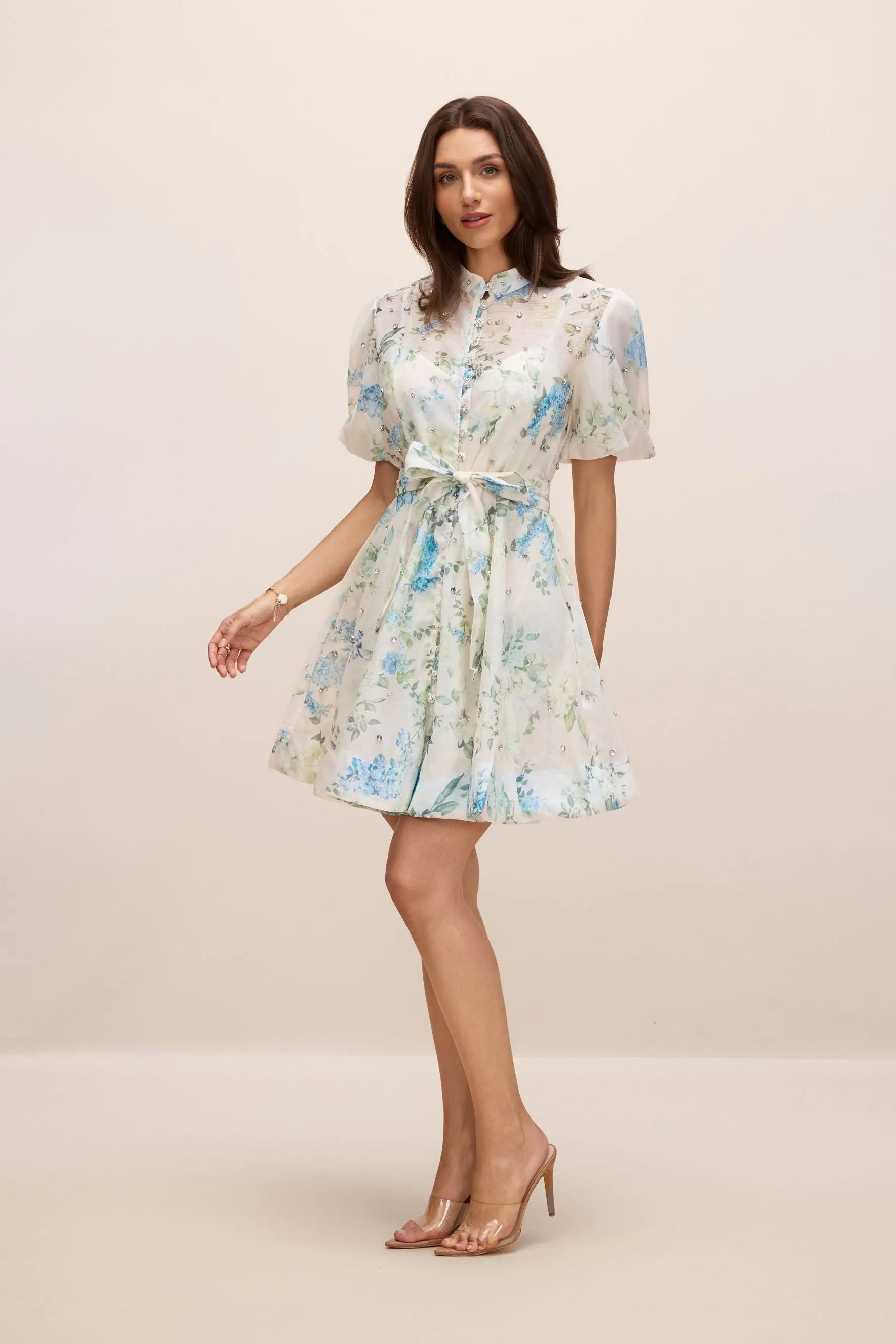 Floral Print Puff Sleeve White Mini Dress