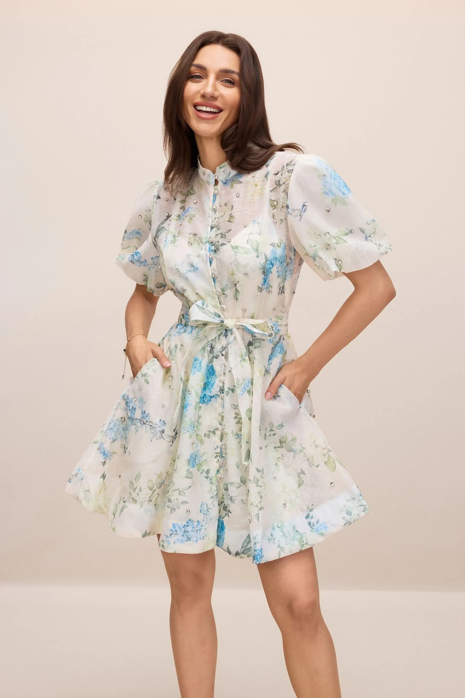 Floral Print Puff Sleeve White Mini Dress