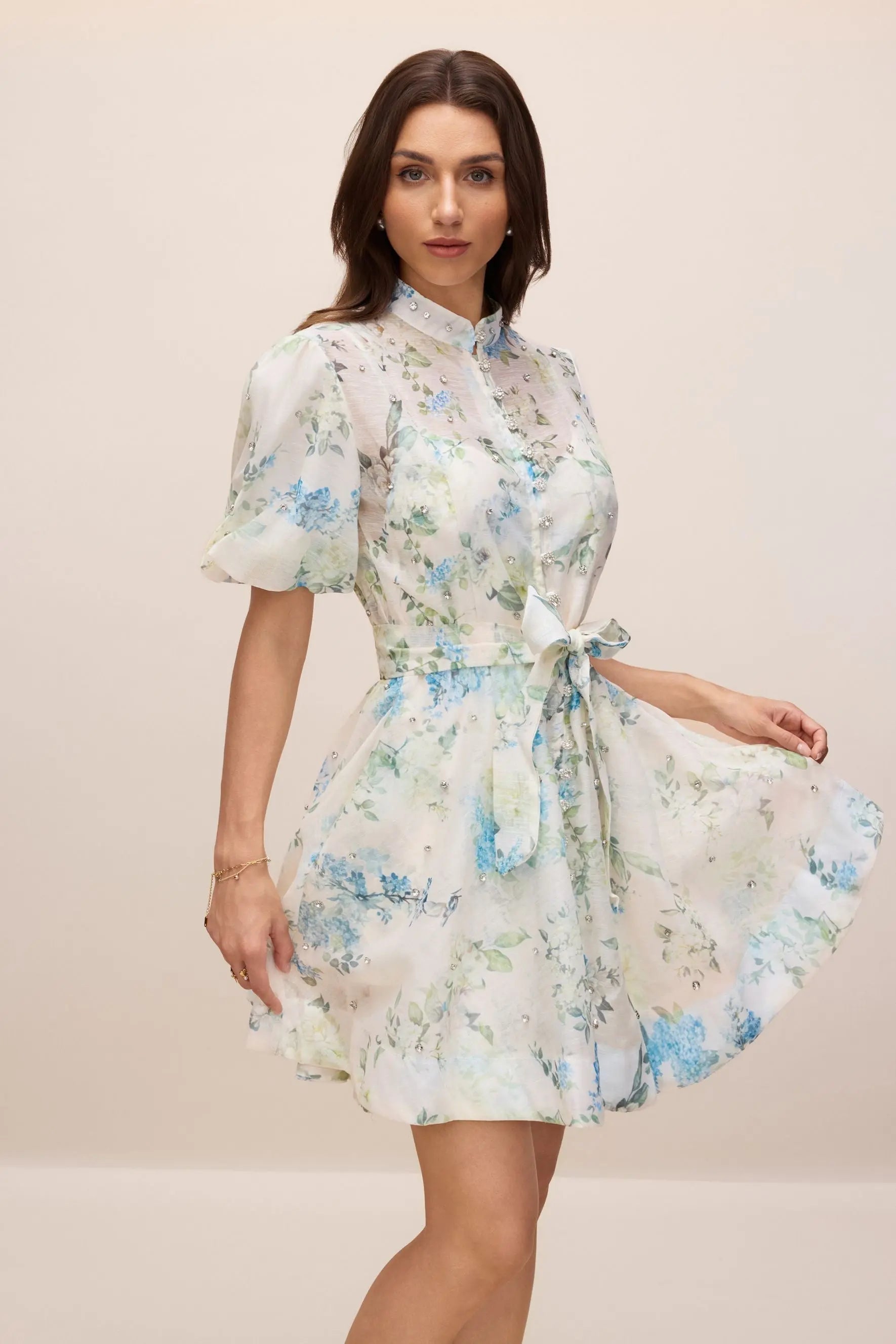 Floral Print Puff Sleeve White Mini Dress