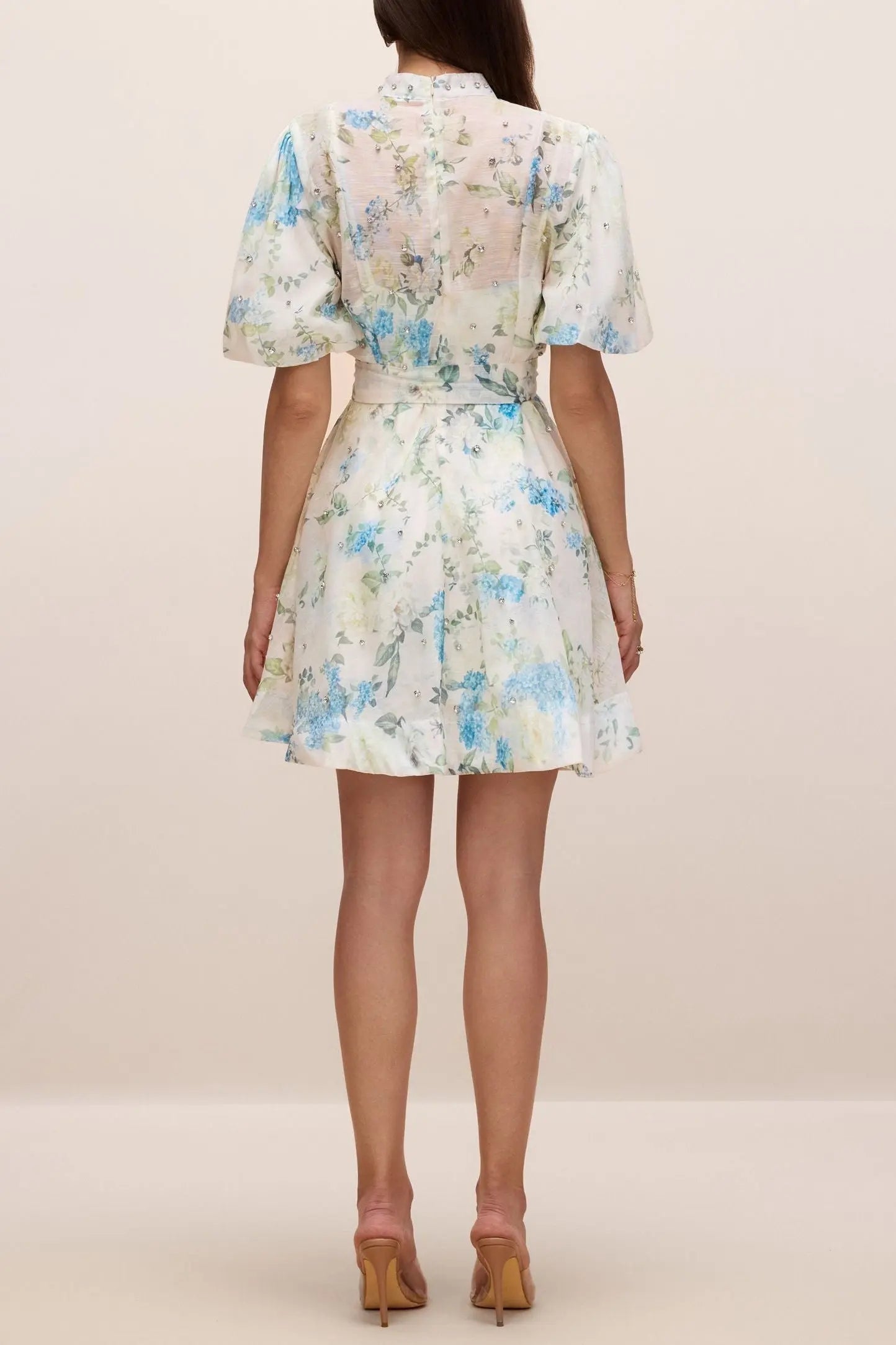 Floral Print Puff Sleeve White Mini Dress