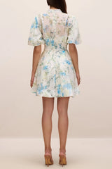 Floral Print Puff Sleeve White Mini Dress