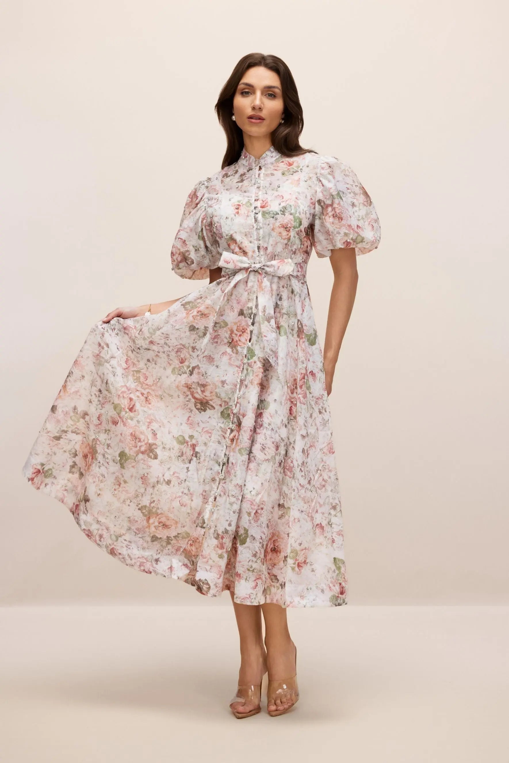 Floral Print Puff Sleeve Midi Dress