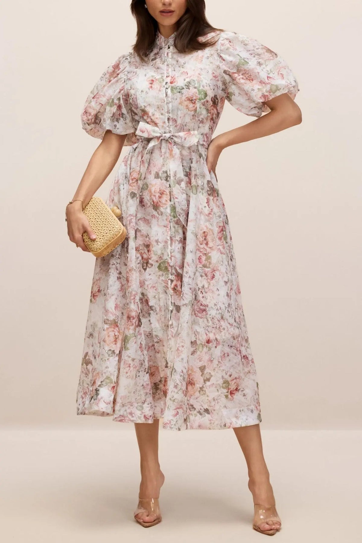 Floral Print Puff Sleeve Midi Dress
