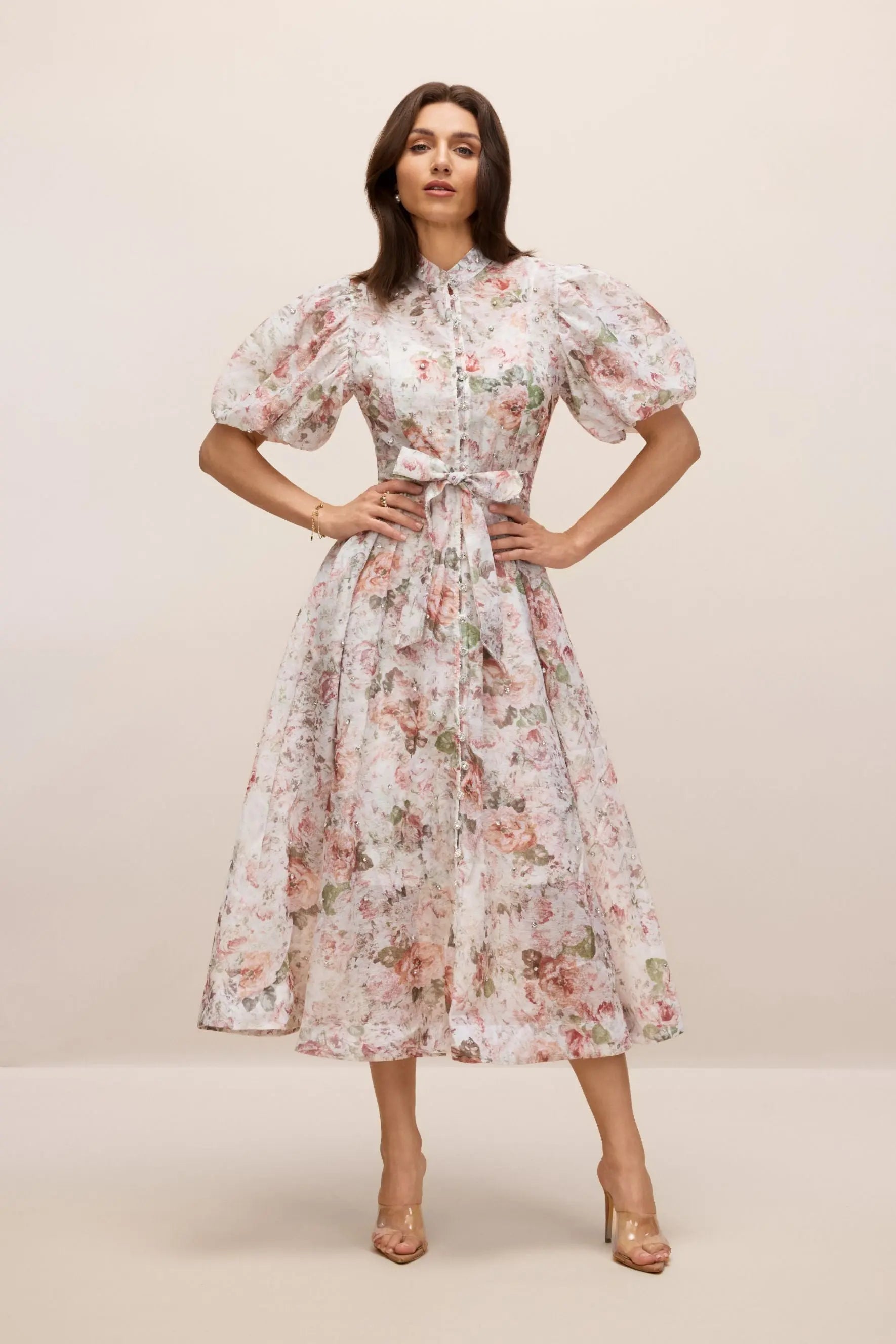 Floral Print Puff Sleeve Midi Dress