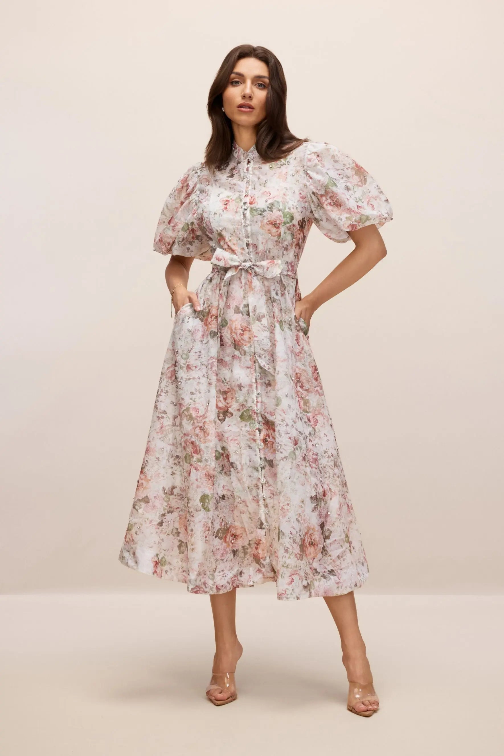 Floral Print Puff Sleeve Midi Dress