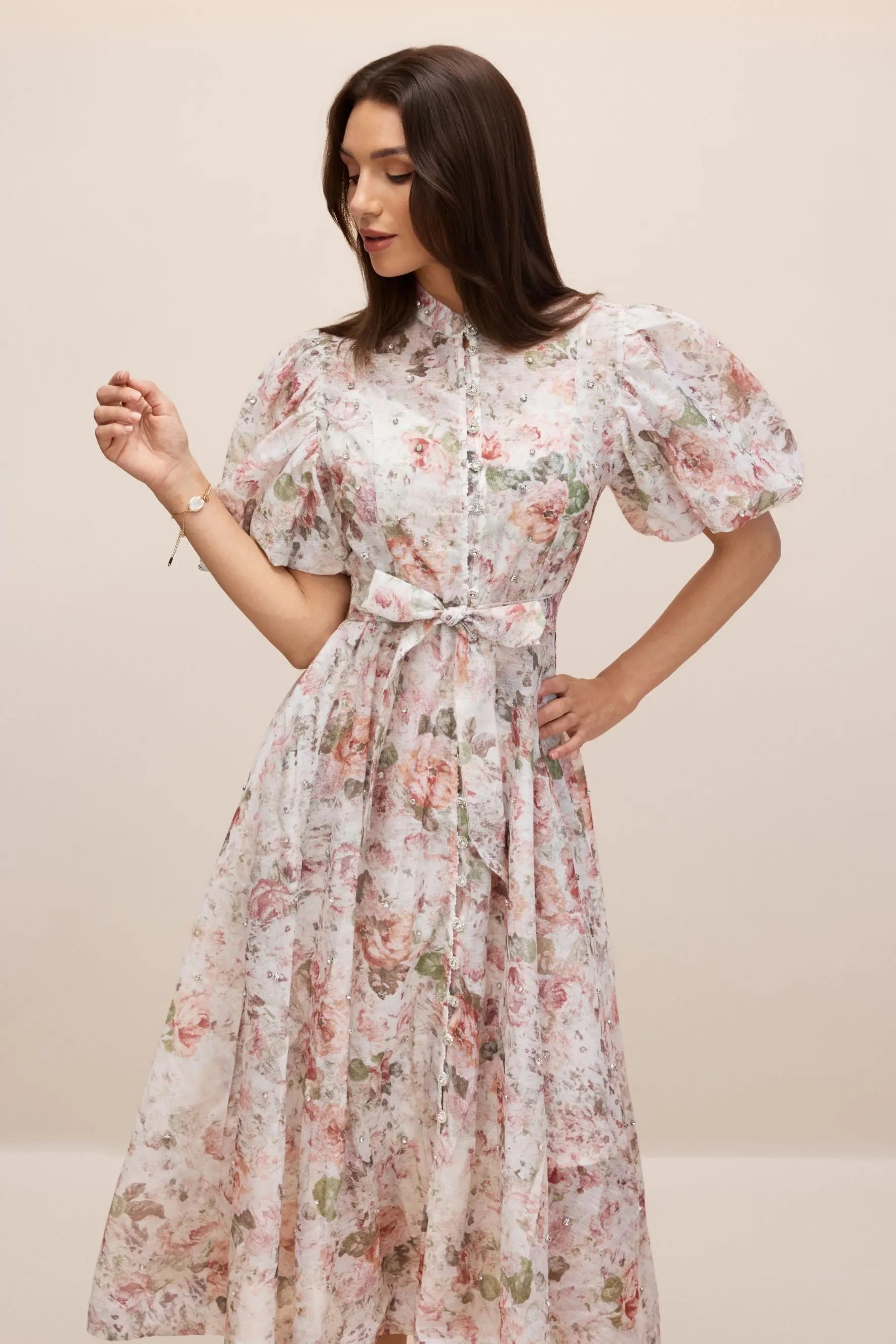 Floral Print Puff Sleeve Midi Dress