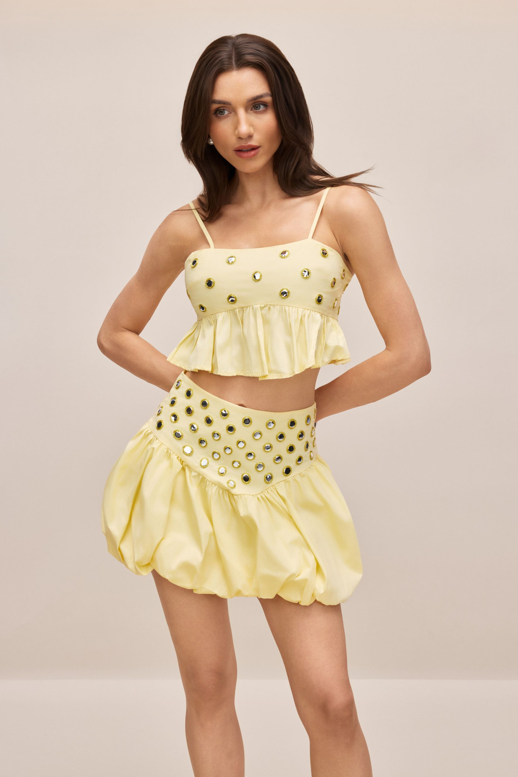 Mirror Embellished Crop Top & Bubble Skirt Set