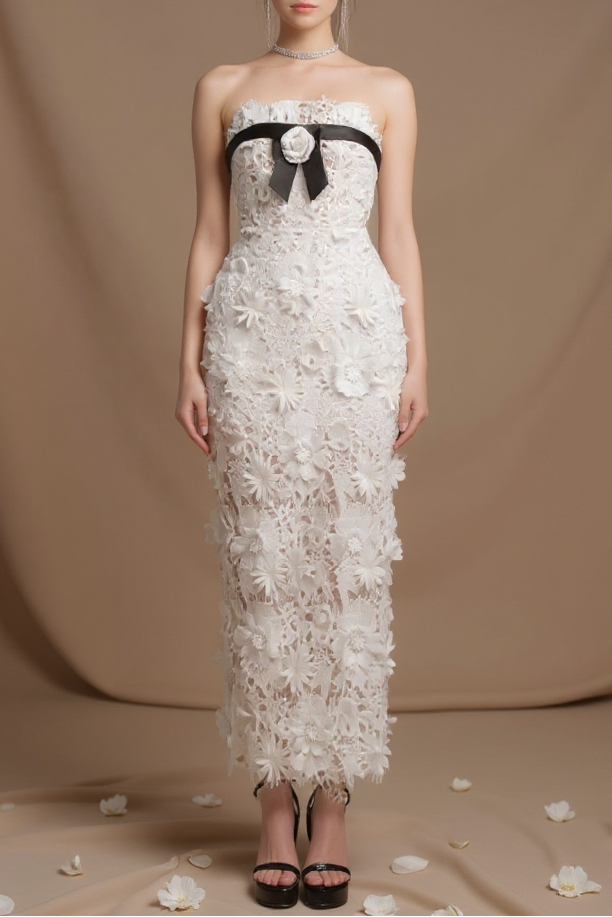 Flower Embroidery Maxi Dress In White