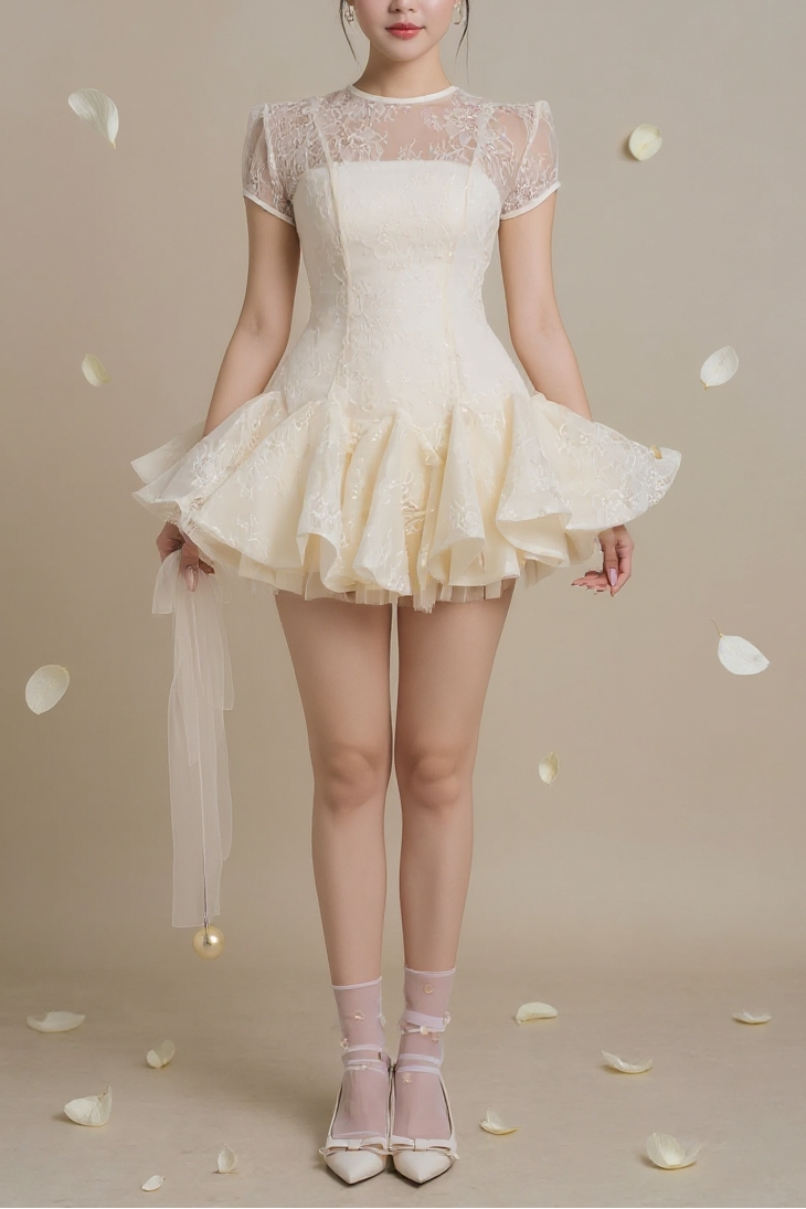 Sequin Lace Puffy Mini Dress in White