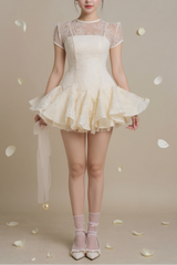 Sequin Lace Puffy Mini Dress in White