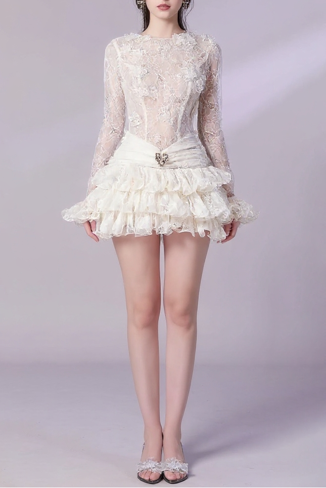 Lace Embroidery Ruched Trim Mini Dress in White