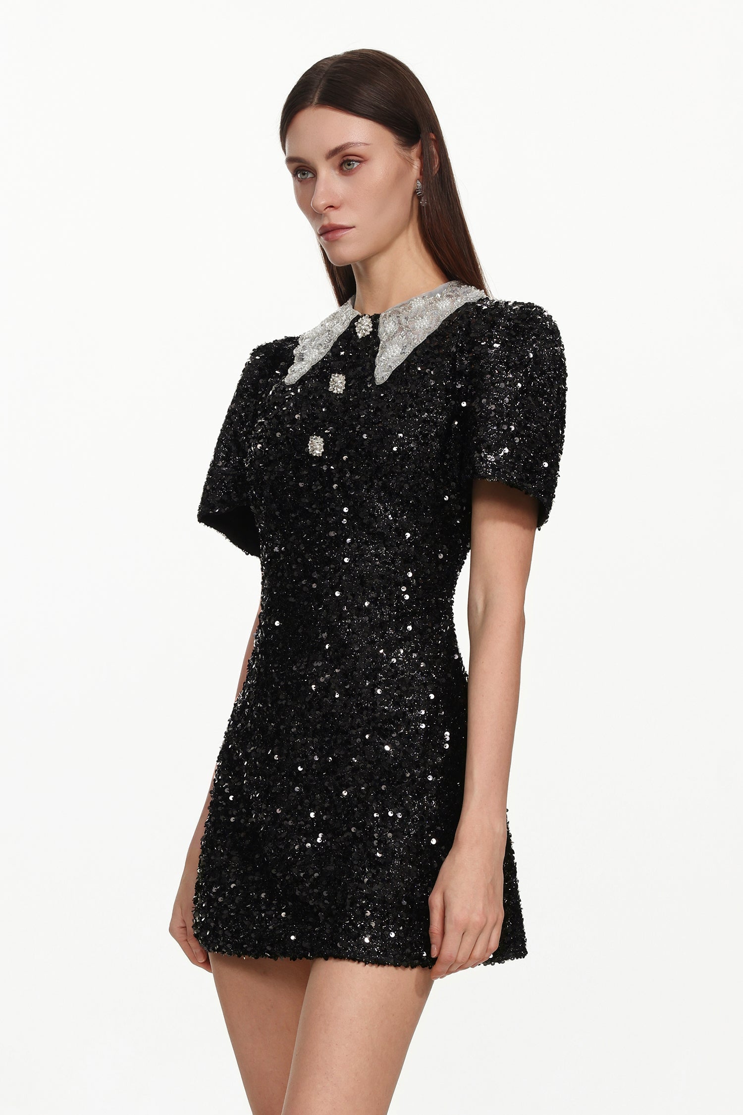 Buttoned Contrast Collar Sequin Mini Dress in black