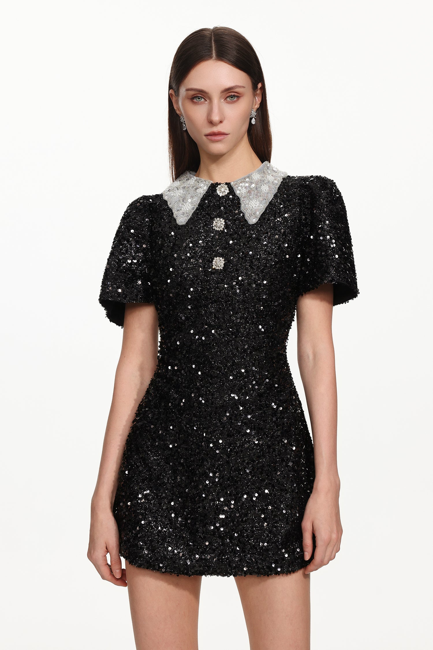 Buttoned Contrast Collar Sequin Mini Dress in black