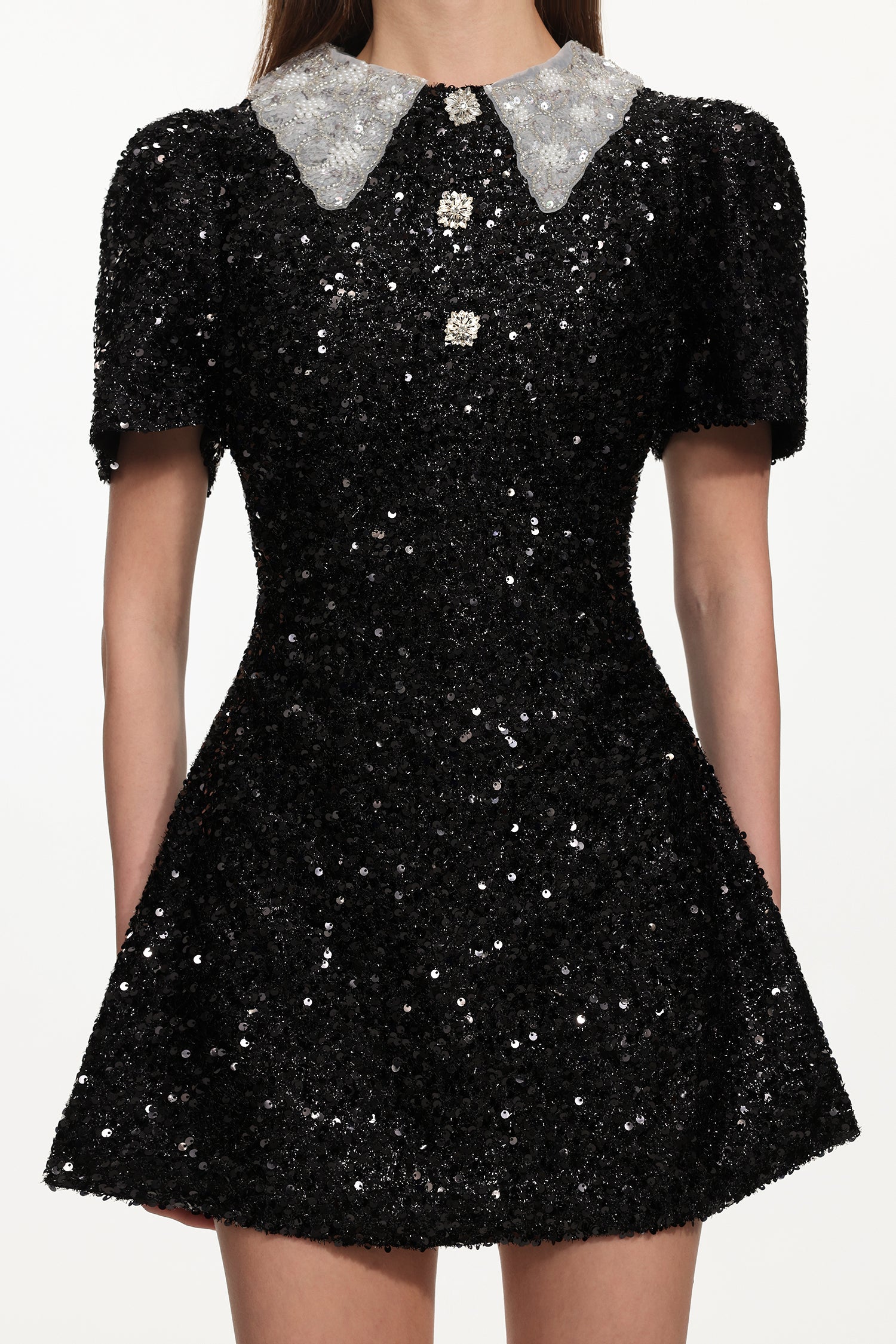 Buttoned Contrast Collar Sequin Mini Dress in black