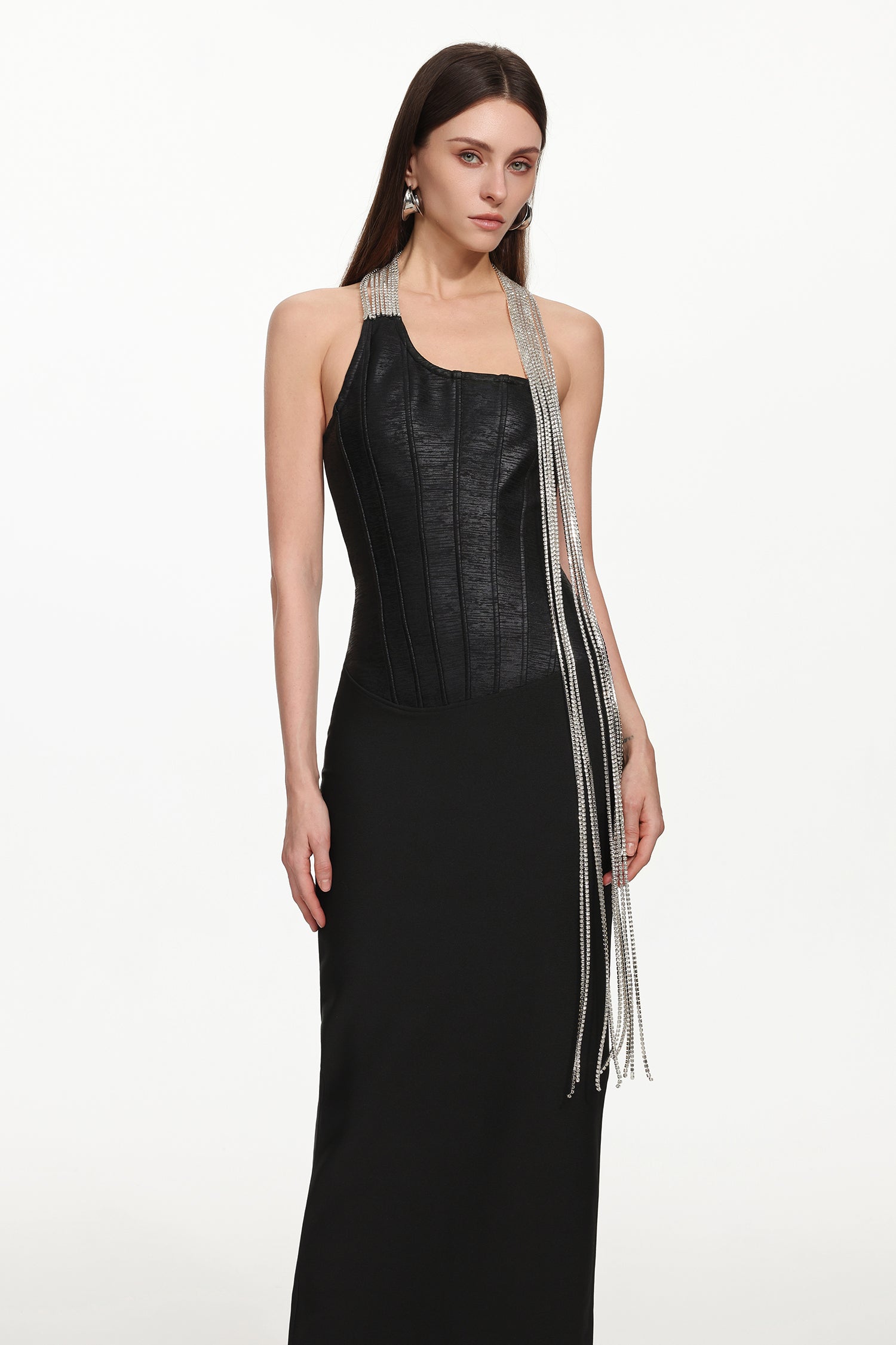 One Shoulder Metal Fringe Bandage Maxi Dress