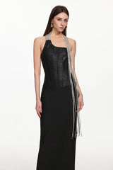 One Shoulder Metal Fringe Bandage Maxi Dress