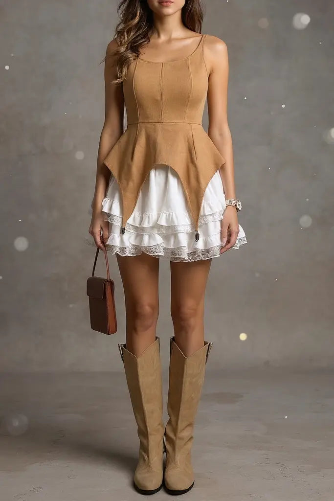 Square Neck Sleeveless Patchwork Mini Dress in Brown