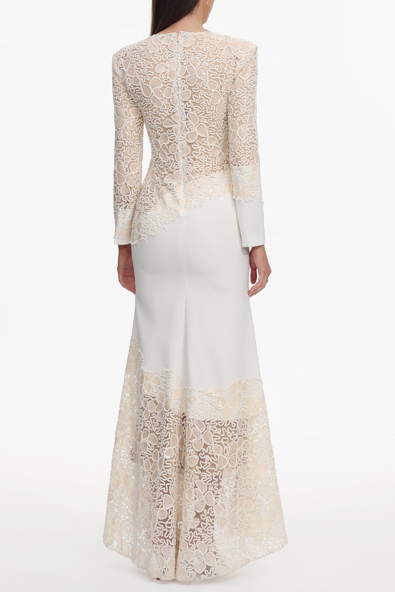 Beige Lace Embroidered Long Sleeve Maxi Dress
