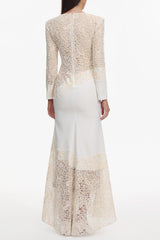 Beige Lace Embroidered Long Sleeve Maxi Dress