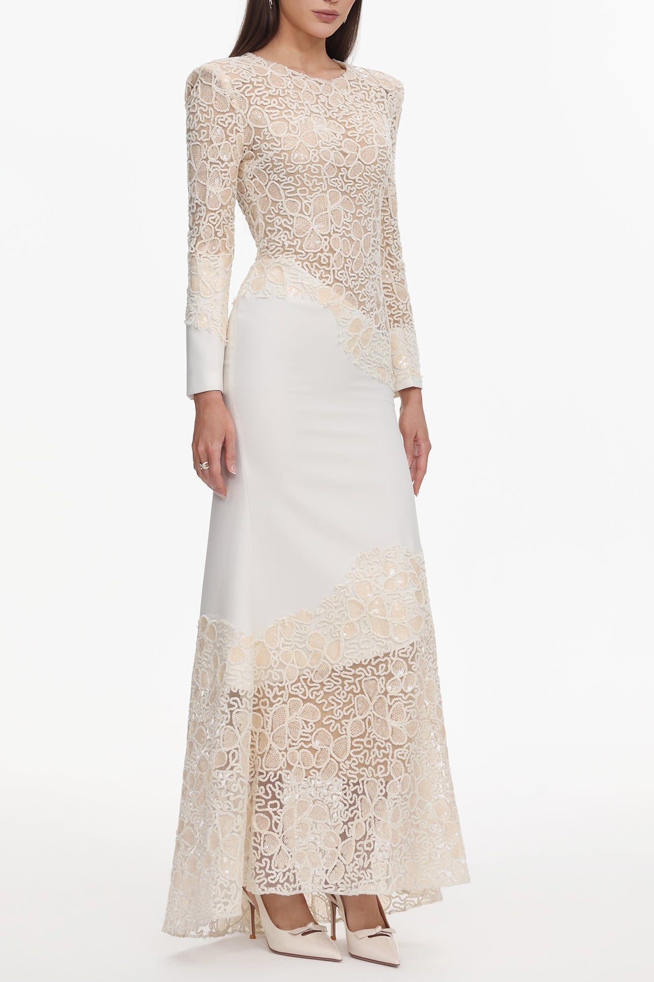 Beige Lace Embroidered Long Sleeve Maxi Dress