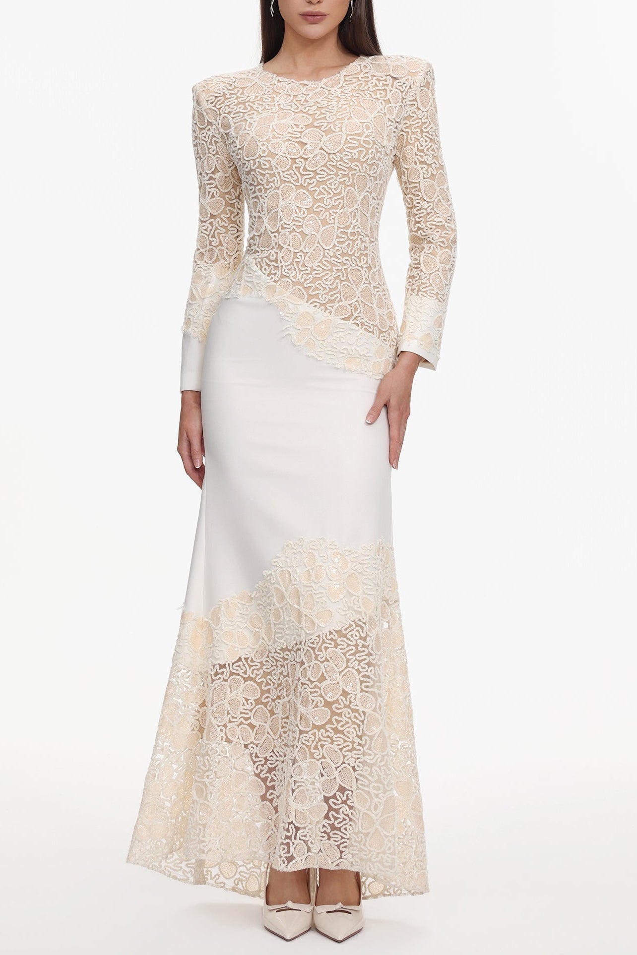 Beige Lace Embroidered Long Sleeve Maxi Dress