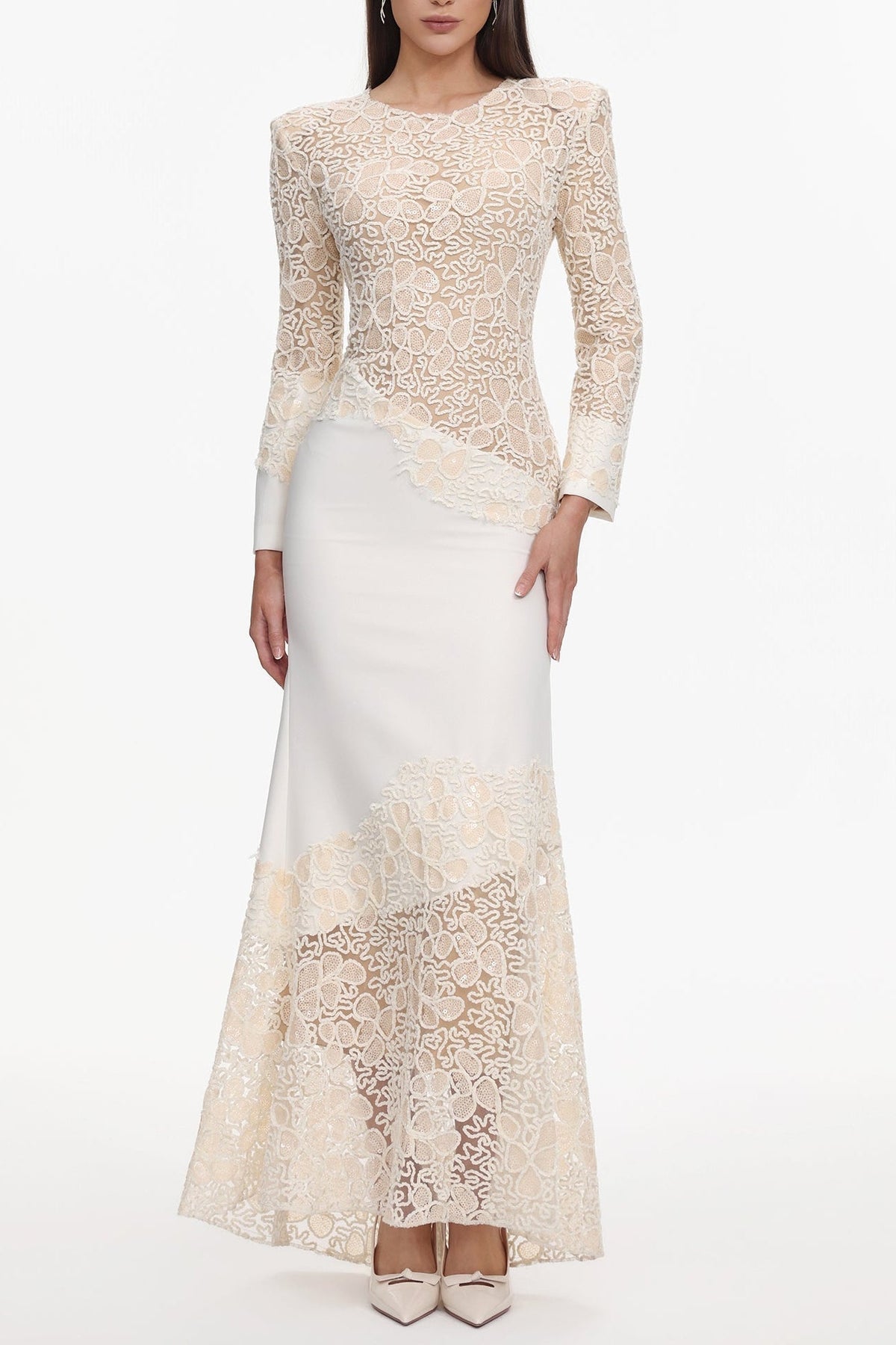 Beige Lace Embroidered Long Sleeve Maxi Dress
