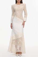 Beige Lace Embroidered Long Sleeve Maxi Dress