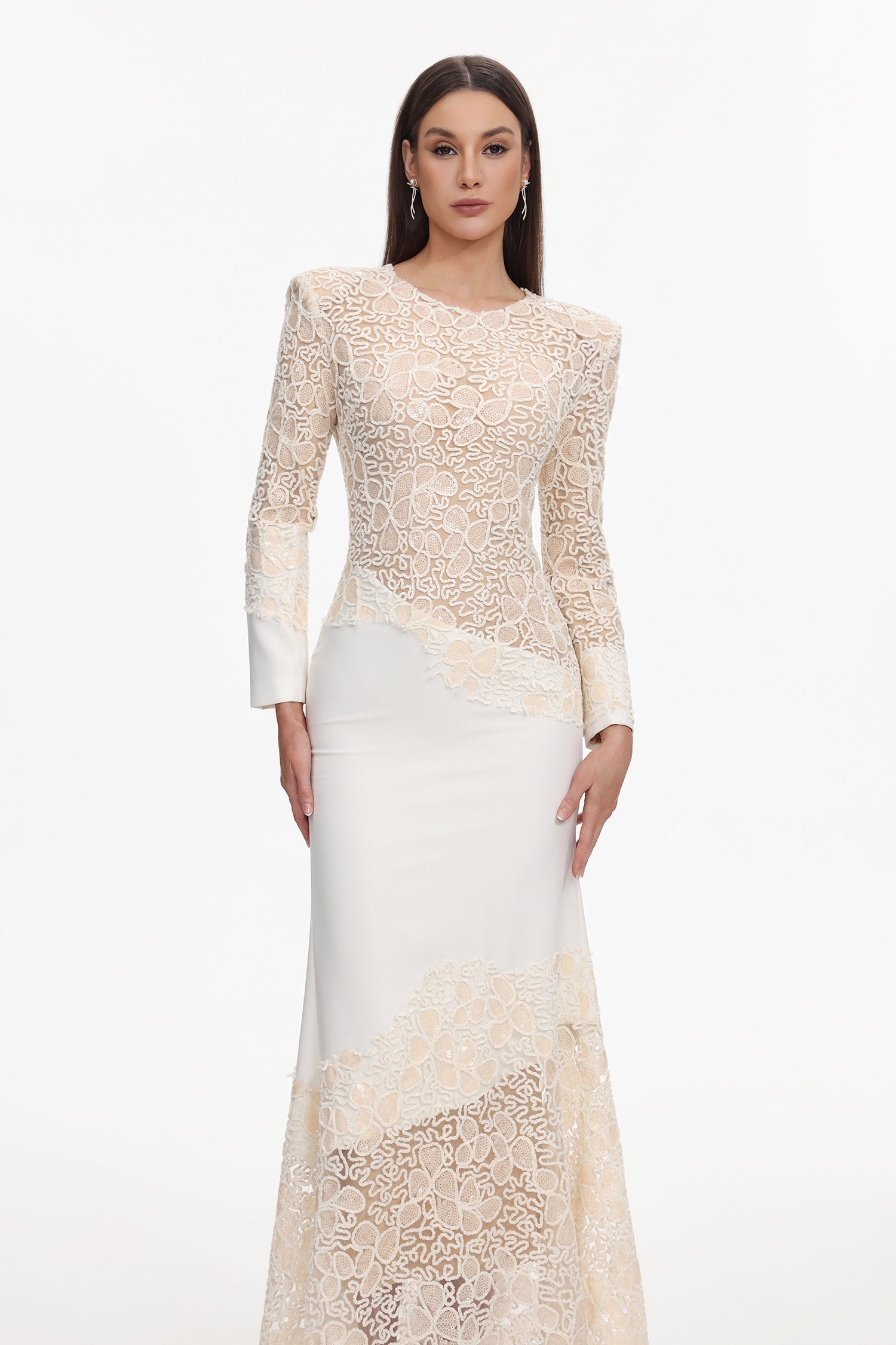 Beige Lace Embroidered Long Sleeve Maxi Dress