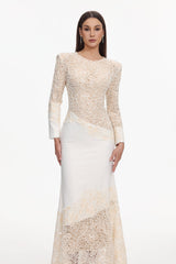 Beige Lace Embroidered Long Sleeve Maxi Dress