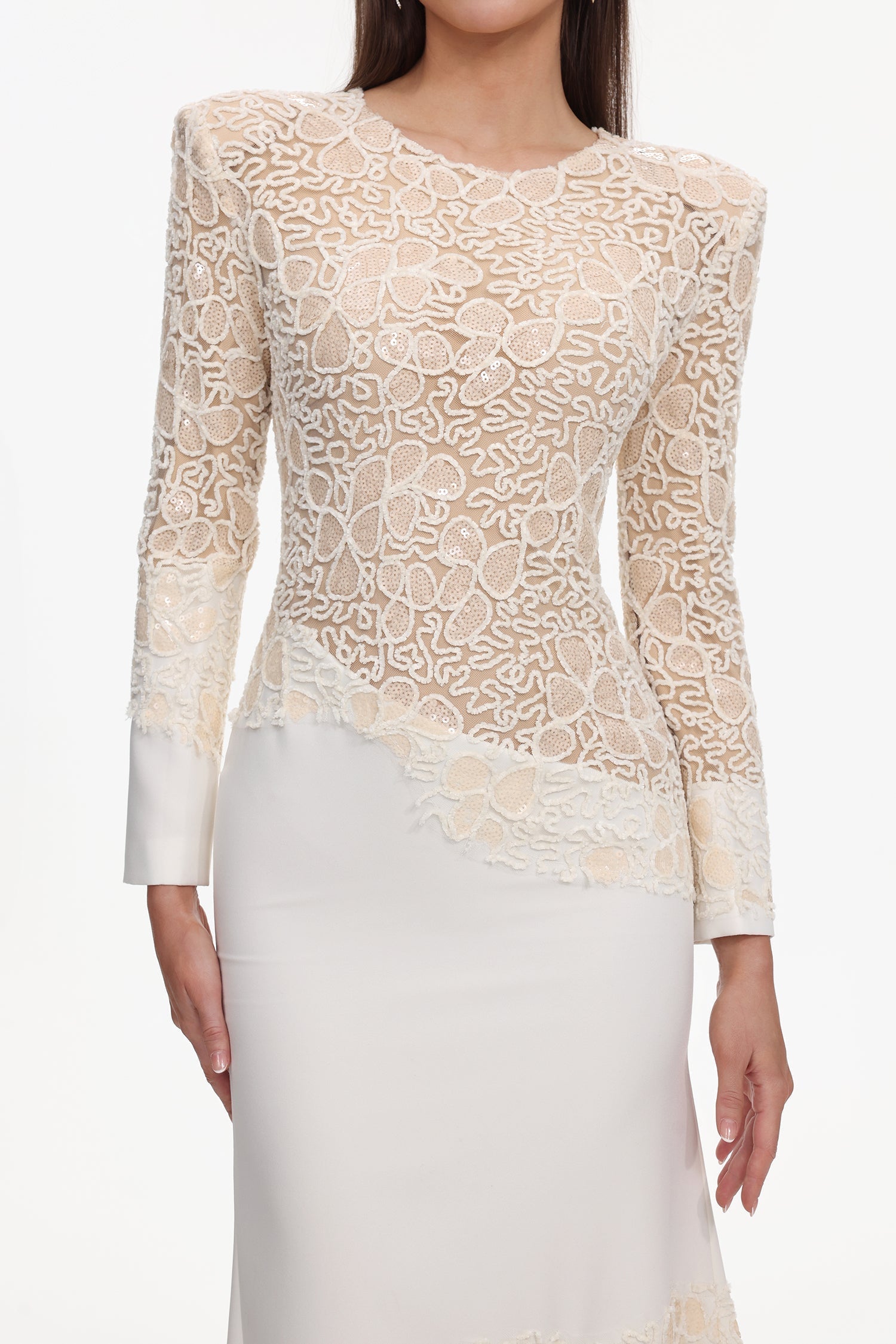 Beige Lace Embroidered Long Sleeve Maxi Dress